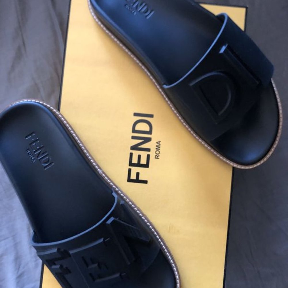 Fendi Rubber Slide Sandals w/ Raised Logo Detail